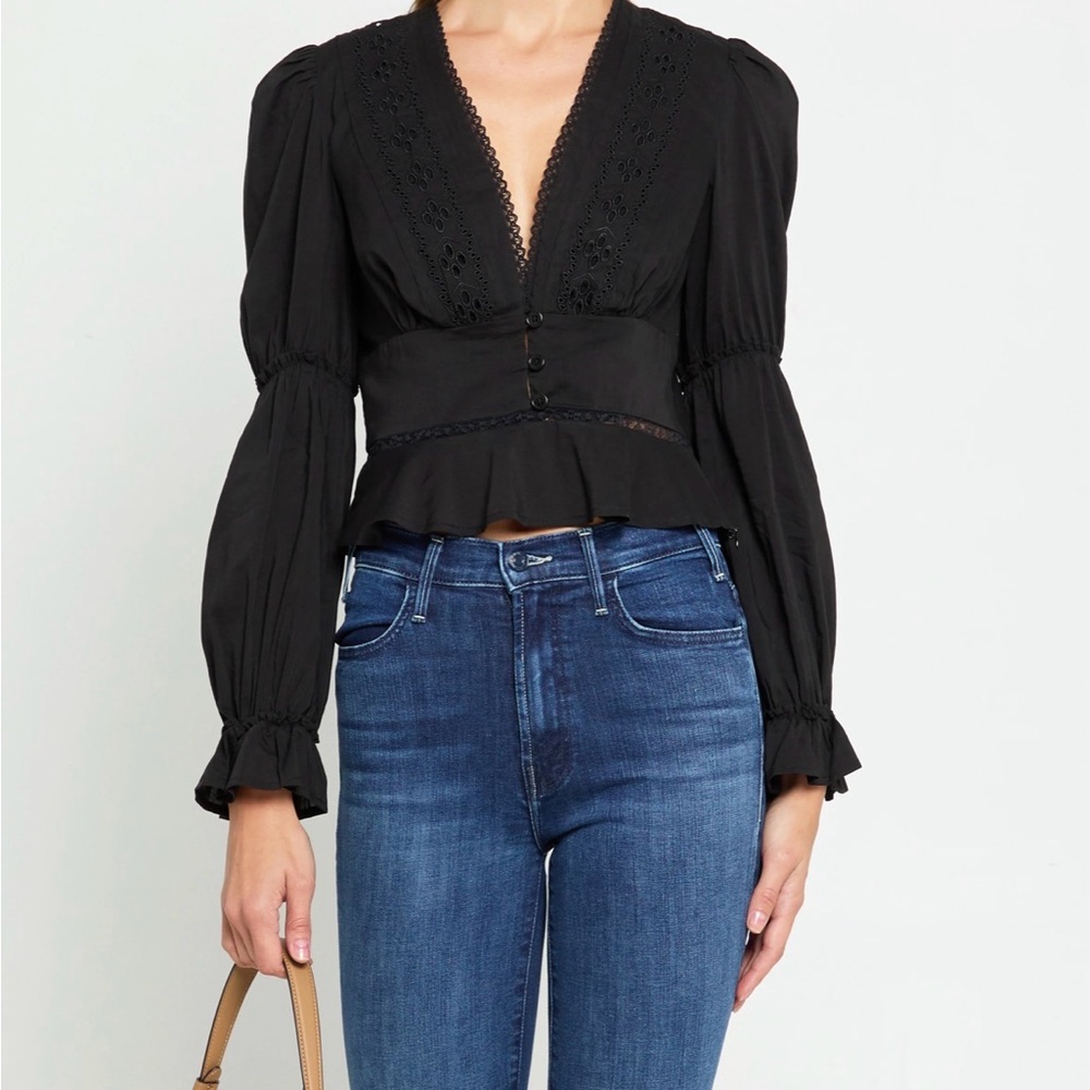Black Lace-Trim V-Neck Peplum Blouse with Puff Sleeves